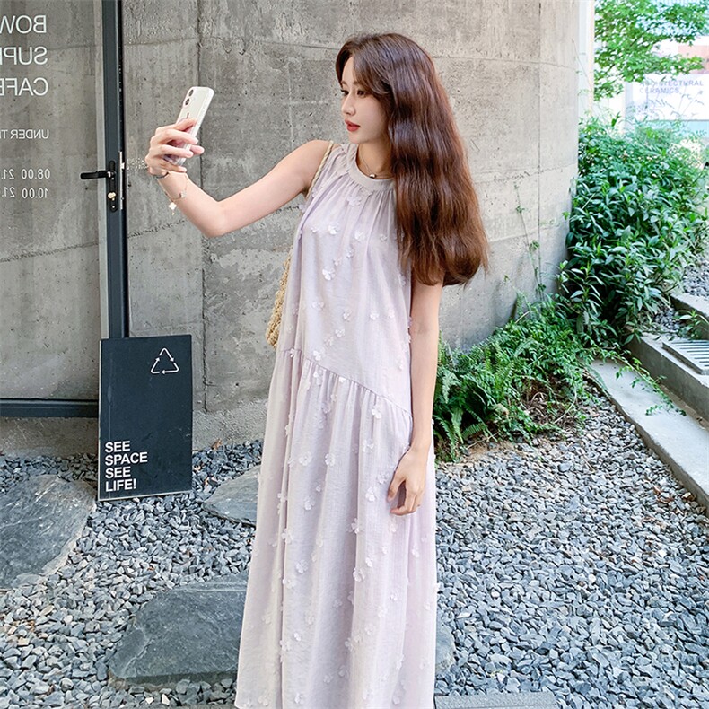 清纯系松弛感浅紫色无袖背心连衣裙女夏慵懒独特绝美度假连身长裙,女装连衣裙,浙宝305