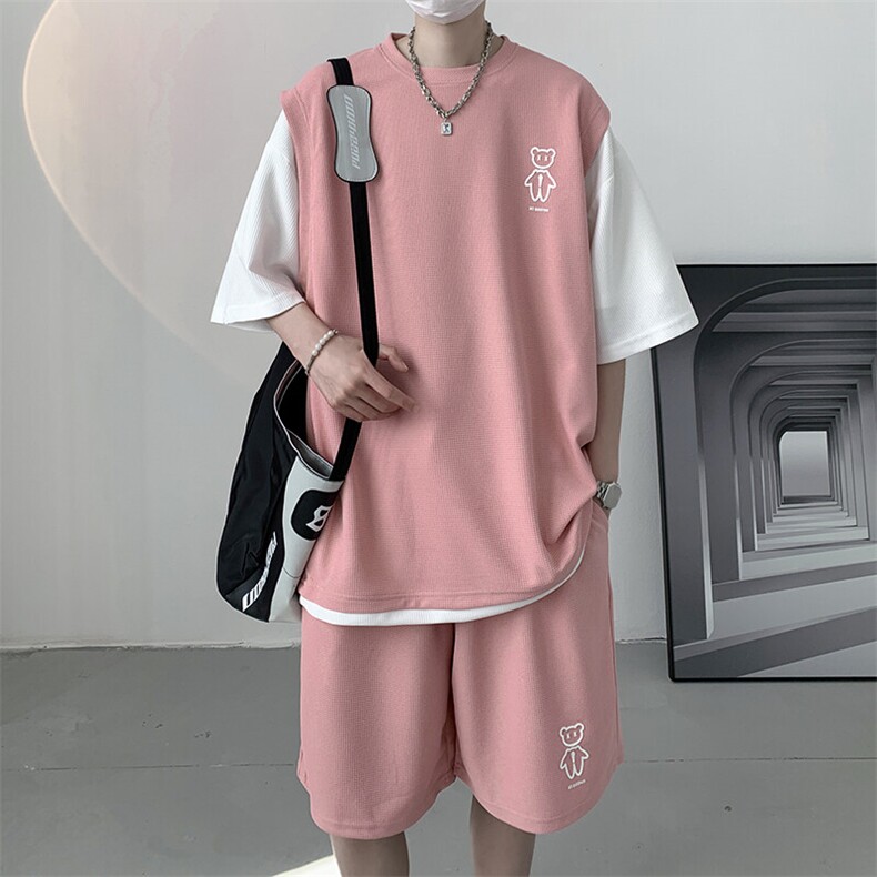 特P46控78华夫格套装潮流休闲短袖短裤两件套FTZ2298,男装牛仔裤,电商B370