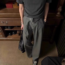 禅宗打褶刺绣直筒微喇高腰条纹西裤剑道飘带垂坠感休闲长裤，女装休闲裤，星座1210-1