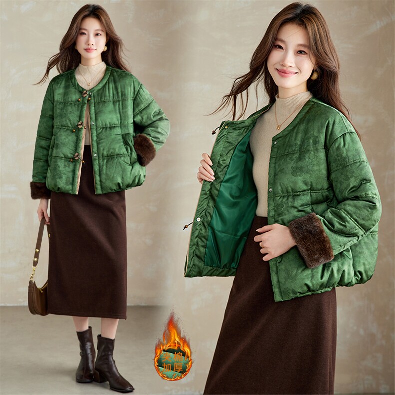 在仓~羽绒棉服2025冬季重磅提花蝴蝶扣三色圆领宽松棉袄貂毛外套，女装棉衣/棉服，新依时派