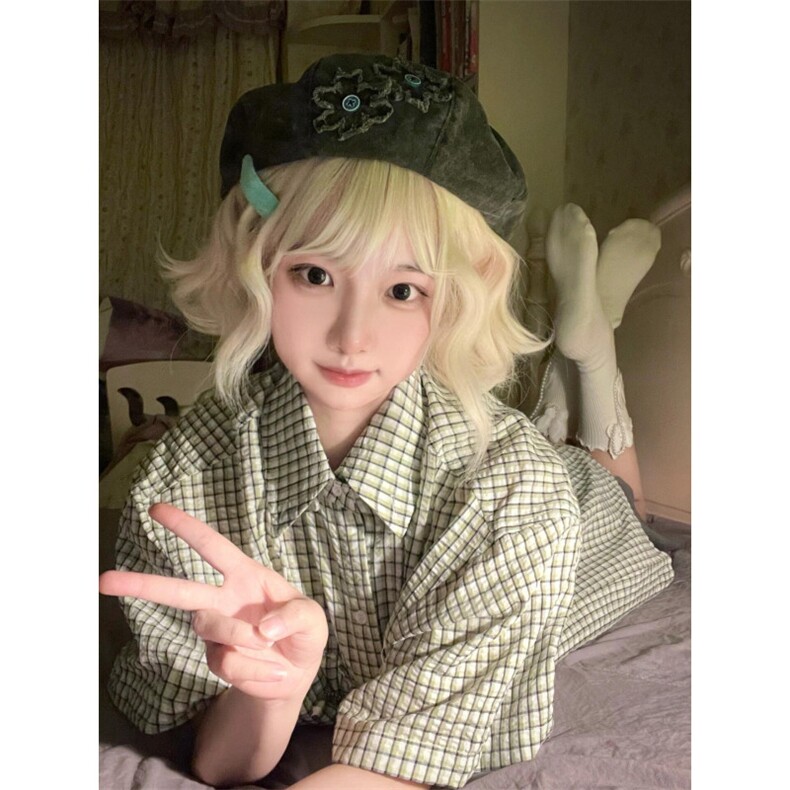 有货绿色格子衬衫短袖男女夏季vintage美式复古衬衣C120WW-特P45,男装衬衫,星座1007（原301D）