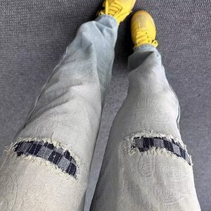 潮牌夏季新款破洞水洗牛仔裤男宽松个性直筒裤百搭直脚休闲九分裤图片