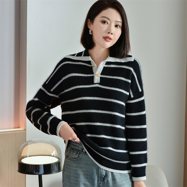 2024女士纯色秋季新款时尚显瘦海军领羊毛衫，女装羊毛衫，宋氏羊绒