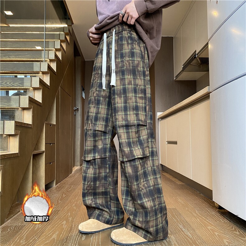 抖音品质冬季加绒美式复古格子宽松卫裤B315-K806JR-特p40控78,男装休闲裤,电商B315