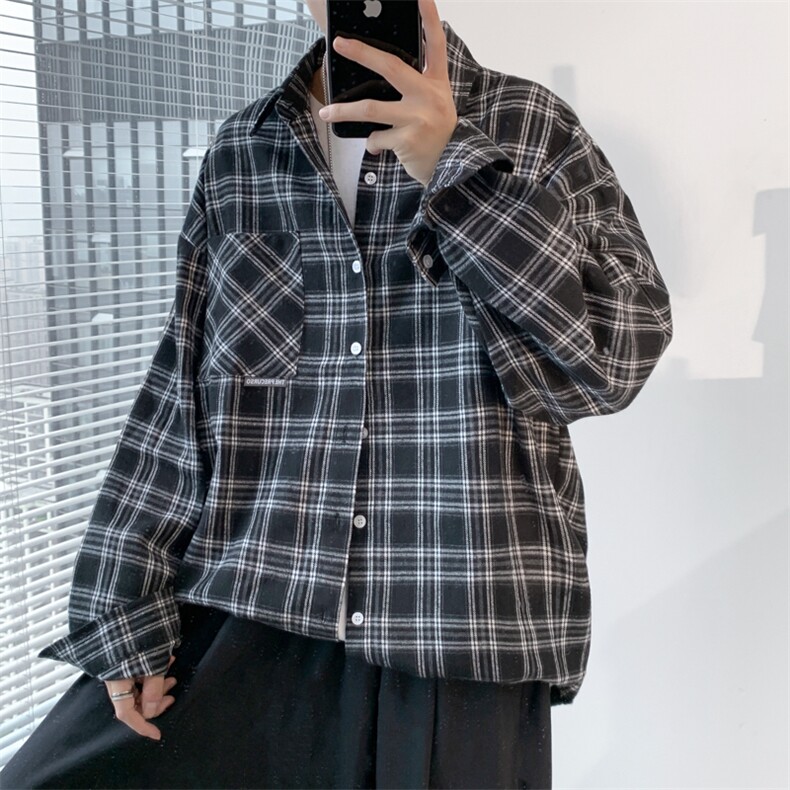 衬衫男秋季新款港风宽松大码长袖磨毛格子衬衣CS37-P38图片