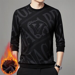 男士长袖加绒上衣男中年圆领休闲印花卫衣男装打底衫2023秋季新款,男装卫衣,电商B212（原钱塘6029）