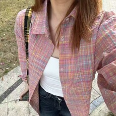美式复古粉色格纹少女感衬衫外套女春秋休闲韩系chic港味上衣外套，男装衬衫，星座1210-1