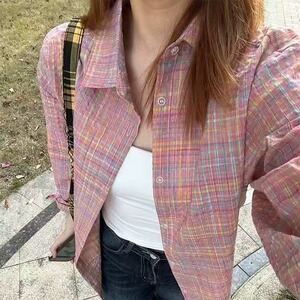美式复古粉色格纹少女感衬衫外套女春秋休闲韩系chic港味上衣外套图片