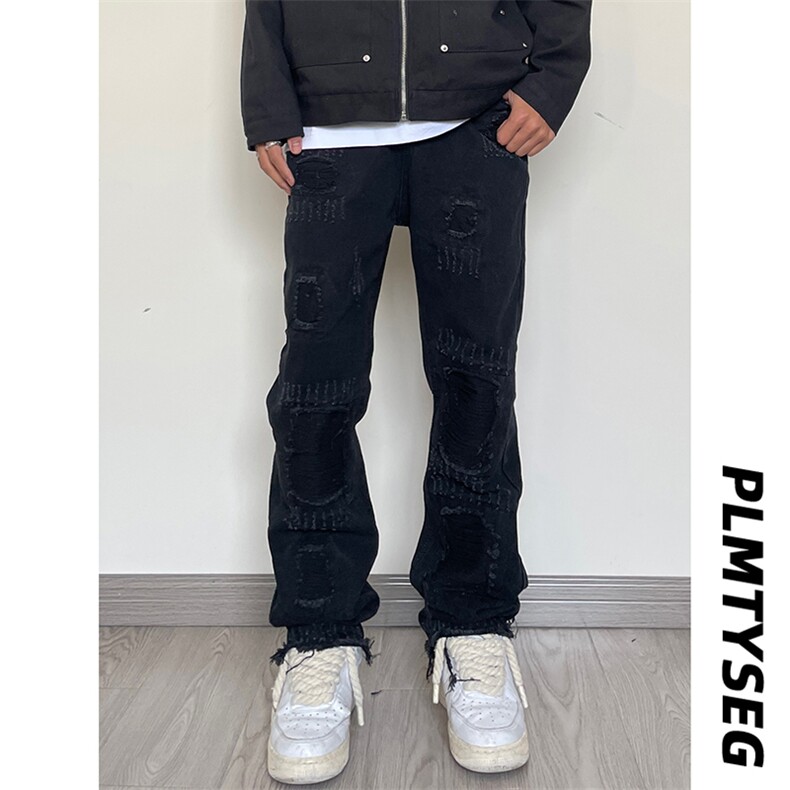 B221美式ins高街小众假破洞修身微喇牛仔裤LK22065-P65控88,男装牛仔裤,电商B221