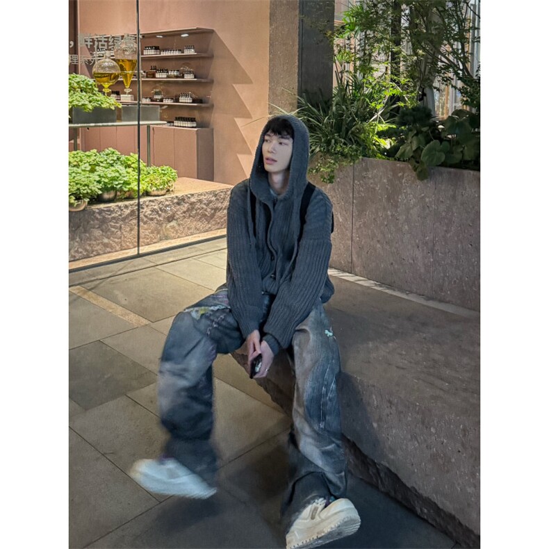 C316MY8004P88秋冬新款毛衣粗针开衫连帽深灰色浅蓝色毛衣,男装针织衫/毛衣,电商C316