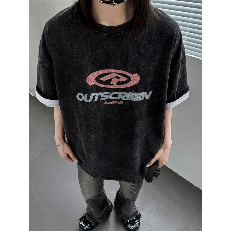 夏季260克美式复古做旧情侣印花短袖T恤中性上衣男女潮D346P38,男装T恤,电商A335-1（原A458）