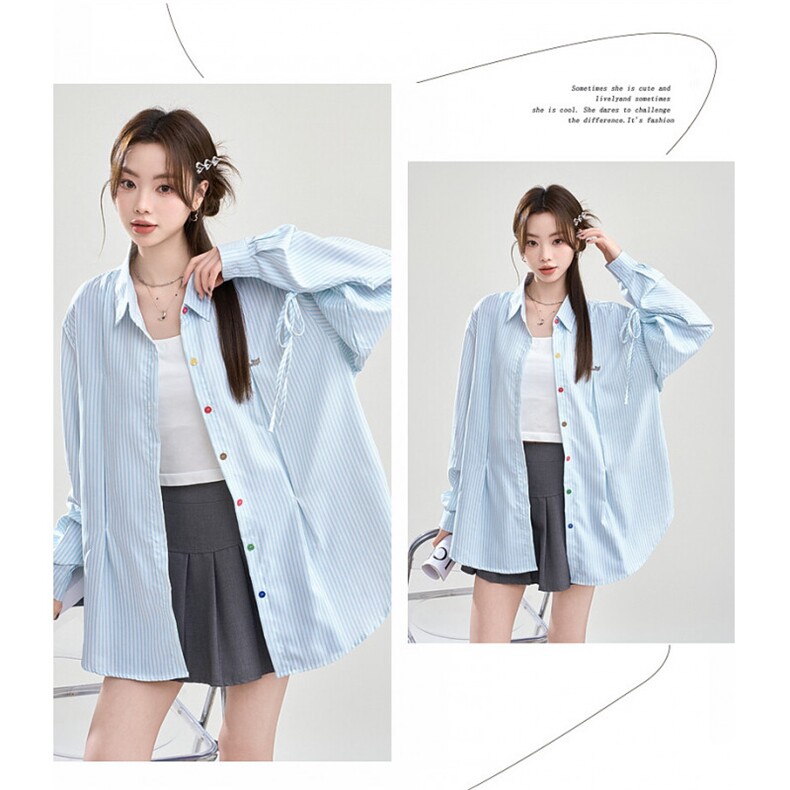 TC570-P45新款彩色纽扣系带条纹长袖防晒衬衫女薄款宽松衬衣外套,女装衬衫,星座617A-2