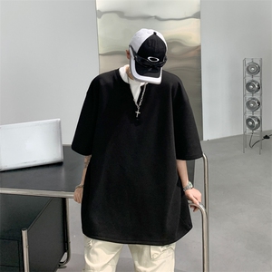C414-P34 夏季简约百搭假两件短袖2024新款设计感潮牌T恤男 现货图片