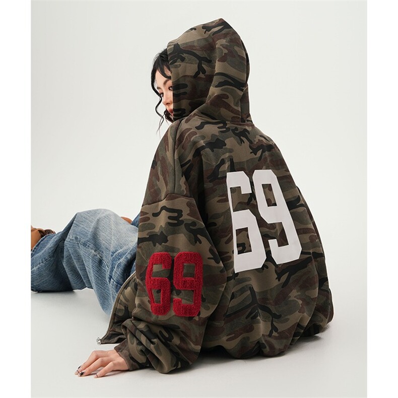高街迷彩开衫男女同款春秋季复古潮牌宽松休闲百搭连帽卫衣外套，女装短外套，星座302B