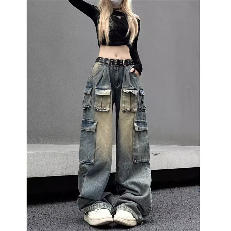 美式复古设计感多口袋工装裤女阔腿牛仔裤宽松潮牌vibe裤子春秋季,男装牛仔裤,星座1210-1