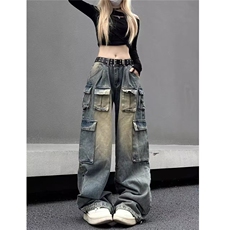 美式复古设计感多口袋工装裤女阔腿牛仔裤宽松潮牌vibe裤子春秋季，男装牛仔裤，星座1210-1