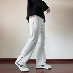 灰色裤脚拉链卫裤男2024新款春秋痞帅运动裤高级感修身裤子K4100图片