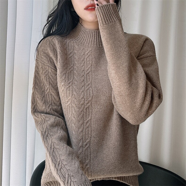 秋冬新款绞花毛衣女软糯宽松半高领加厚百搭羊毛针织打底衫,女装羊毛衫,臻纶羊绒