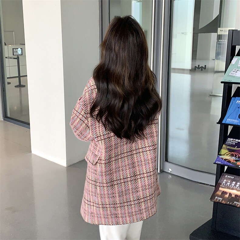 [】2025冬复古粉色格加厚毛呢大衣A820p195K278,女装毛呢外套,2C269