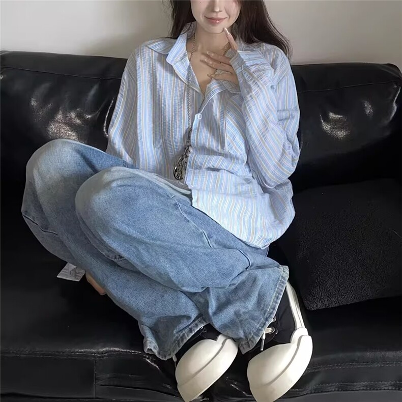 春季韩风休闲肌理感清爽不规则蓝条纹衬衫男长袖设计感垂感衬衣潮,男装衬衫,星座506A
