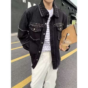 毛边牛仔外套男款铆钉工装夹克cleanfit美式牛仔衣褂子 JB205图片