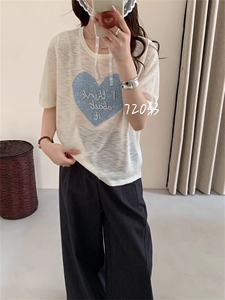 羊范闭眼入~薄款竹节麻针织上衣女2025夏季新款韩系圆领爱心T恤衫图片