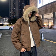 现货扎染PU皮棉服男冬季加厚连帽棉衣座山雕大毛领外套M090-P120，男装棉衣，星座308B-2