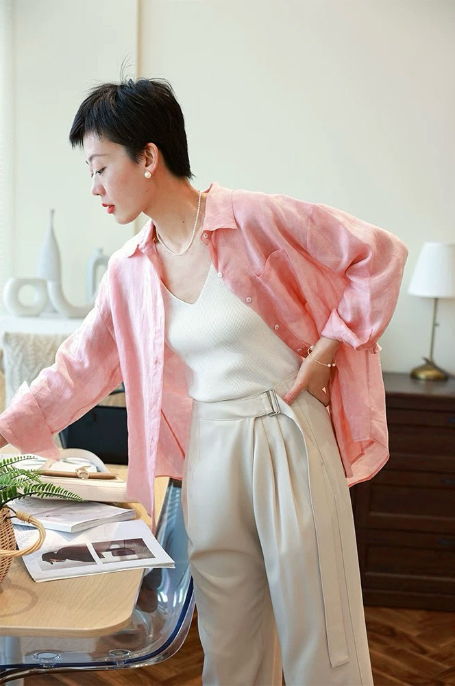2025百搭女士温柔C位粉苎麻轻薄防晒衬衫图片