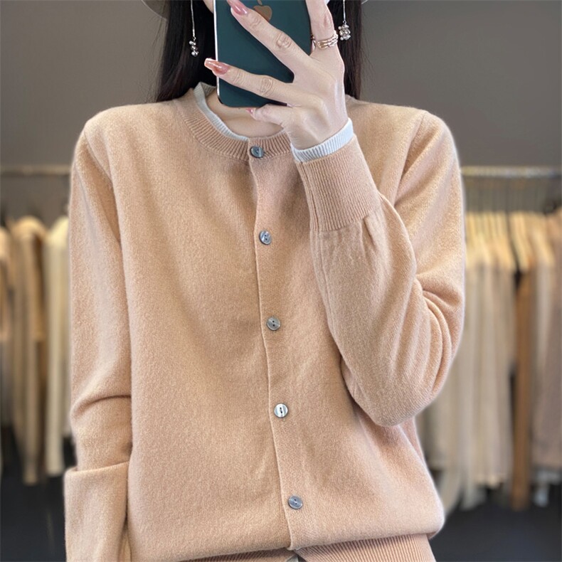 2024秋冬新款羊毛女士圆领纽扣羊毛开衫,女装羊毛衫,润辉羊绒