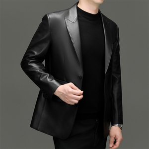 海宁真皮皮衣2025年新款中年男士纯色真皮休闲西装绵羊皮西服外套图片