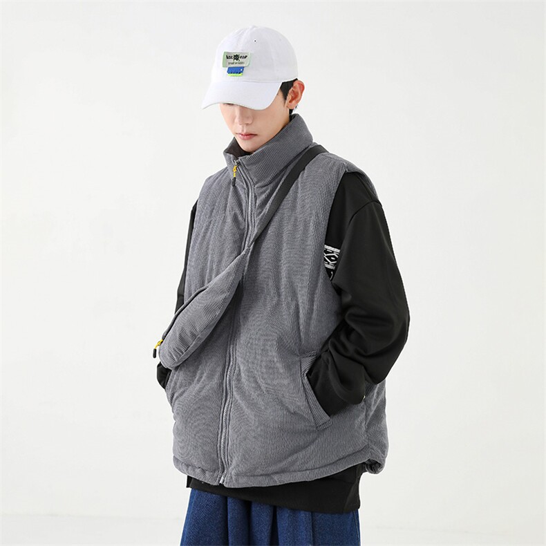冬季灯芯绒棉马甲男复古加厚立领棉服情侣外套配挎包8516-P70,男装棉衣,电商B306
