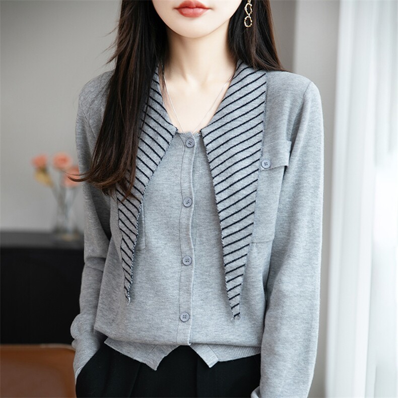 法式时尚设计感条纹披肩领针织打底开衫女高级感小众洋气上衣新,针织衫/毛衣,远腾羊绒