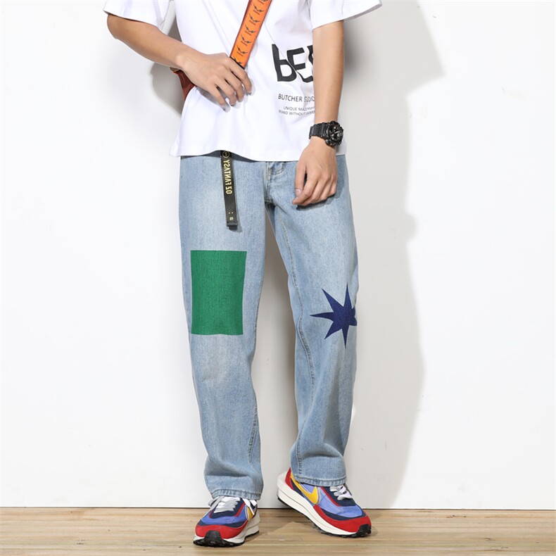 2021新款撞色印花阔腿裤复古牛仔裤宽松可5063-605,男装牛仔裤,星座304A-1