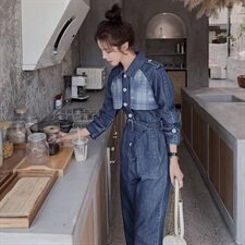 2021春秋季格纹拼接时尚连体裤高腰时尚翻领休闲舒适百搭女，女装休闲裤，秋水欣儿