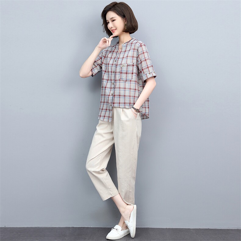 时尚套装女夏装两件套棉麻格子衬衫洋气矮个子显高减龄亚麻休闲裤,女装套装/套裙,忆绮罗