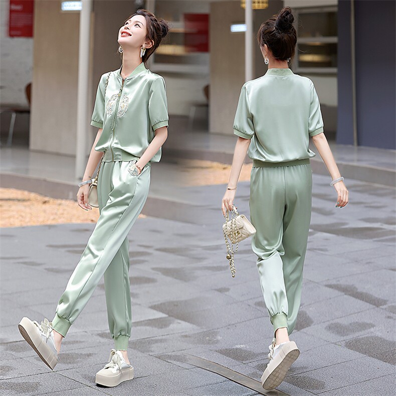 新中式国风刺绣休闲运动套装女2025夏季新款时尚棒球服短袖两件套,女装套装/套裙,半夏