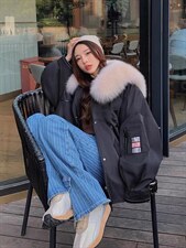 2021冬季新款派克服女海军领短款可拆卸兔毛内胆狐狸毛领外套，其它，L·H·X