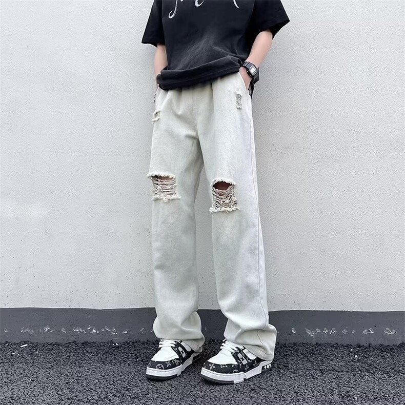 破洞牛仔裤男韩版潮流高街帅气2023夏季新款ins宽松长裤RK342-P39,男装牛仔裤,星座412-3