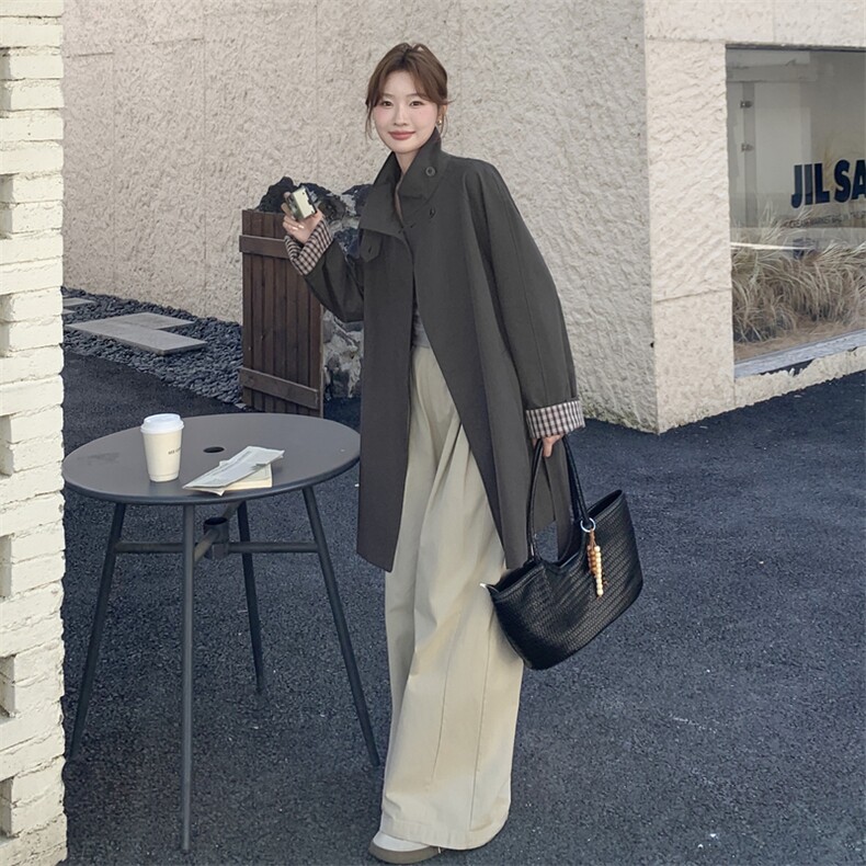 时尚灰色双排扣立领风衣女春秋款系带收腰中长款外套上衣，女装风衣，诺蝶