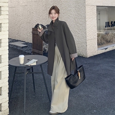 时尚灰色双排扣立领风衣女春秋款系带收腰中长款外套上衣，女装风衣，诺蝶