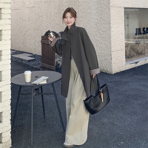 时尚灰色双排扣立领风衣女春秋款系带收腰中长款外套上衣图片