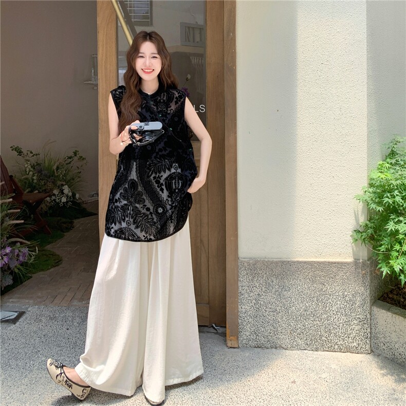 新中式国风套装女2025夏季新款高级感气质丝绒马甲阔腿裤两件套潮,女装套装/套裙,2C327