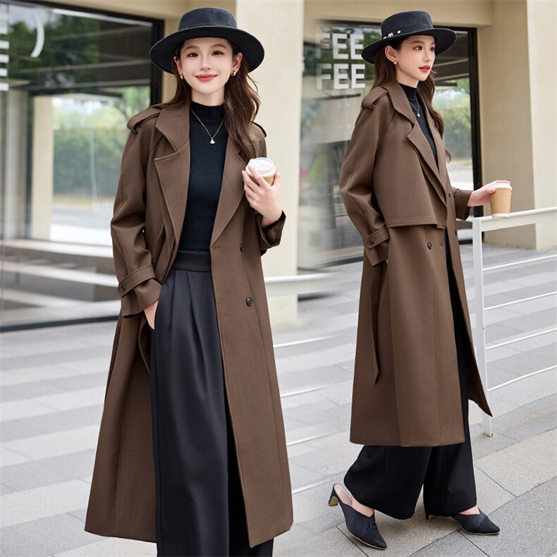 摩卡色风衣女中长款春秋新款高级感时尚翻领宽松休闲英伦气质外套，女装风衣，时尚俏佳人