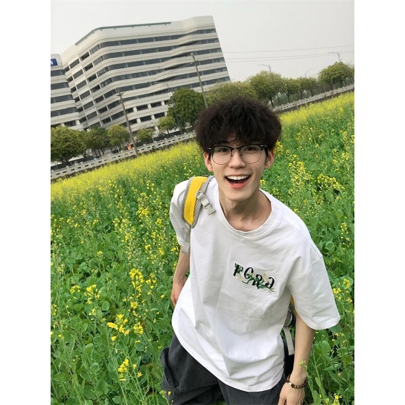网图有货美式花卉刺绣短袖T恤男女休闲宽松情侣纯棉上衣A671-P35,男装T恤,星座1505