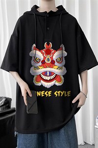 LD54185-P45 连帽短袖t恤男大码胖子带帽五分袖中袖图片