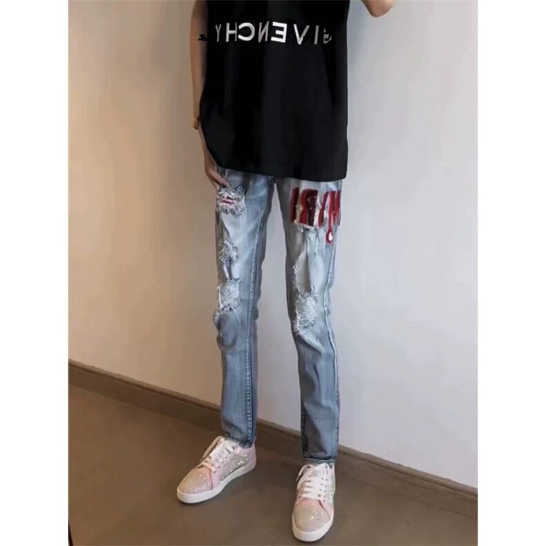 美式高街红标刺绣破洞牛仔裤潮牌休闲男女显高修身裤子HCT101 p38图片