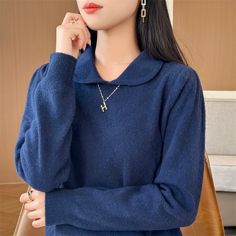 羊毛衫女秋冬翻领宽松套头毛衣娃娃领简约纯色针织打底衫，女装羊毛衫，盛鼎羊绒