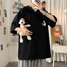 LD54239-P45连帽短袖t恤男大码胖子带帽五分袖中袖海报风，男装T恤，电商A040