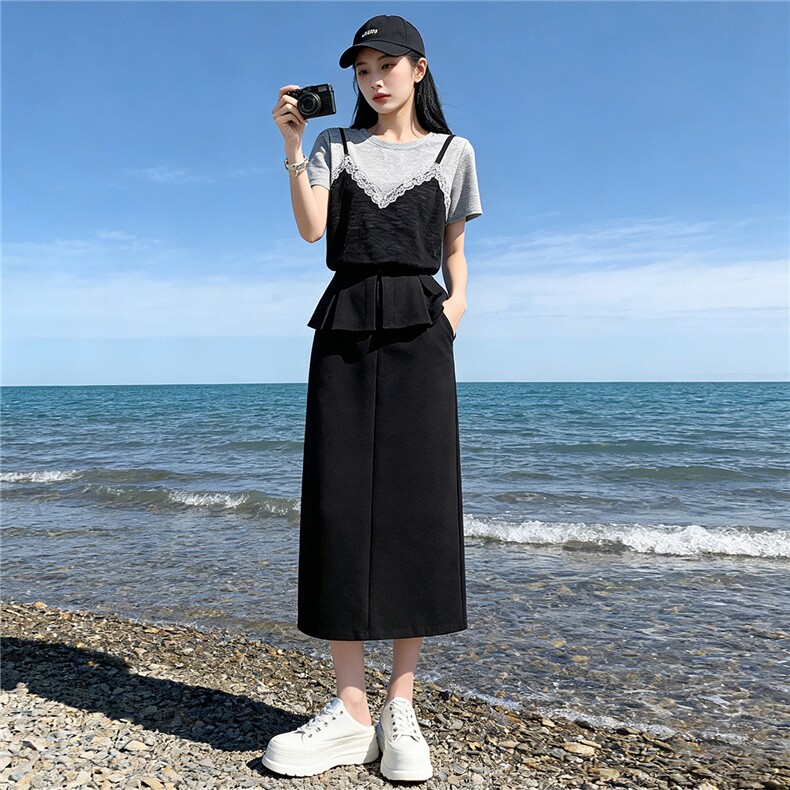 韩版休闲时尚运动套装女夏款蕾丝吊带拼接上衣开叉半身长裙两件套,女装套装/套裙,江南
