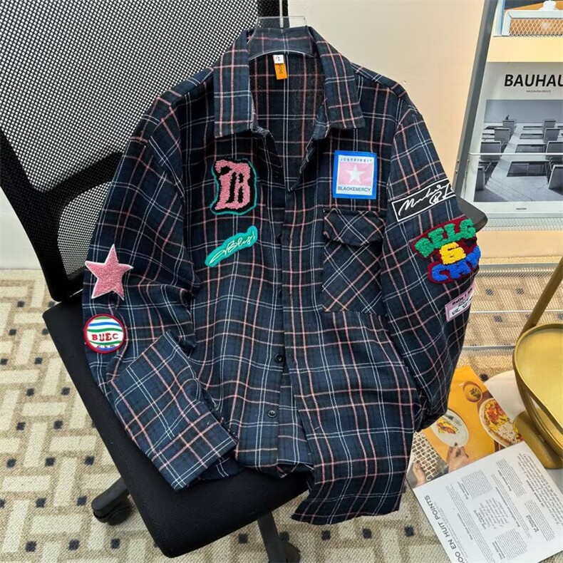 美式复古潮防晒小众设计感格子印花薄款长袖衬衫外套男LS275P45,男装防晒衣,星座1013-5